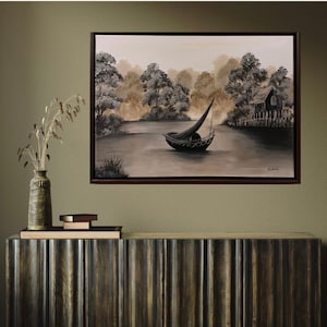 Boat Trip - Picture Acrylic Painting Asia Boat River Sepia 50 x 70 cm