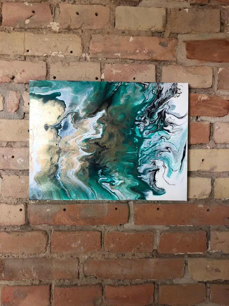 Acryl Pouring Bild abstrakt Fluid 30x40 cm gold grün weiß
