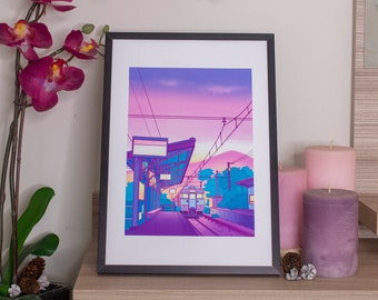 Kawaii Print Japan illustration A4 - Japan Train Station - by Kiaru