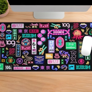 Desk Mat Aesthetic Lofi Mouse Pad, Cute Kawaii - Neon Tokyo Japan - By Kiaru