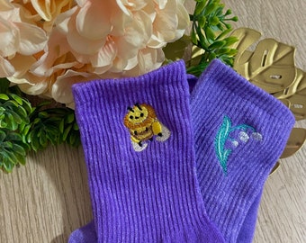 Embroidery Socks Kawaii Cute Bee and Flowers - By kiaru