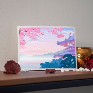 Kawaii Anime Postcard Print - Fuji Temple Lake!!  - by Kiaru