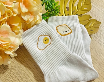 Embroidery Socks Kawaii Cute Egg and Bread - By Kiaru