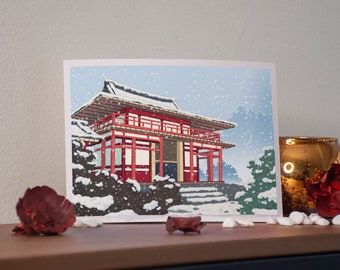 Kawaii Postcard Print - Japan Traditional Winter Temple - by Kiaru