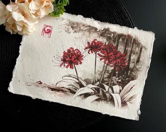 Kawaii Traditional Ink Print Japan illustration A4 - Red Spider Lily! - by Kiaru