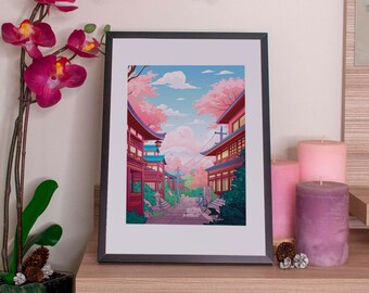 Kawaii Print Japan Anime illustration A4 - Afternoon Walk in Japan! - by Kiaru