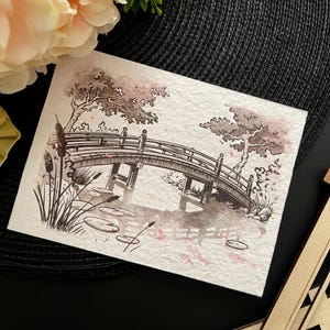 Postcard Kawaii Traditional Ink Print Japan illustration - Bridge! - by Kiaru