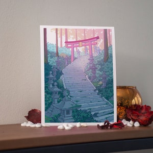 Kawaii Postcard Print Japan Anime illustration - Japan Torii Garden - by Kiaru