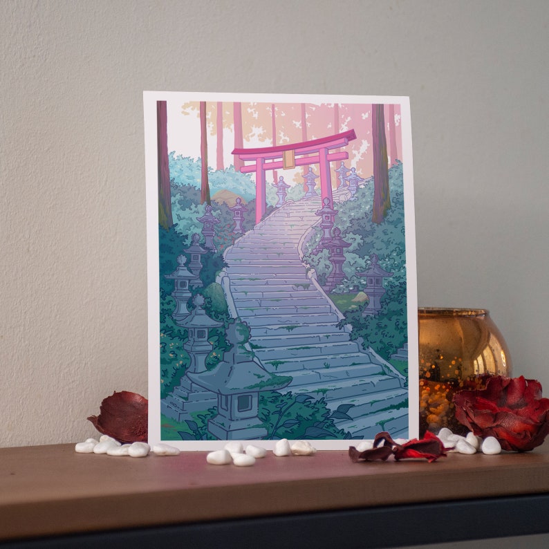 Kawaii Postcard Print Japan Anime illustration A4 Japan Torii Garden by Kiaru image 1