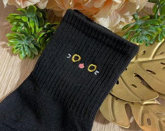 Embroidery Socks Kawaii Cute Black Kitty Cat - By kiaru