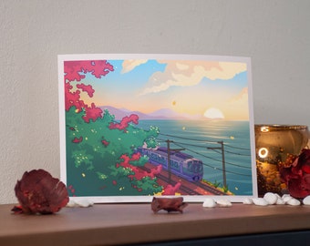 Postcard - Japan Train Sea Sunset - by Kiaru