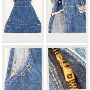 Peut inclure: Gros plan sur une salopette en jean bleu avec des rivets en laiton et une fermeture &eacute;clair Talon. La salopette a un style de travail classique.