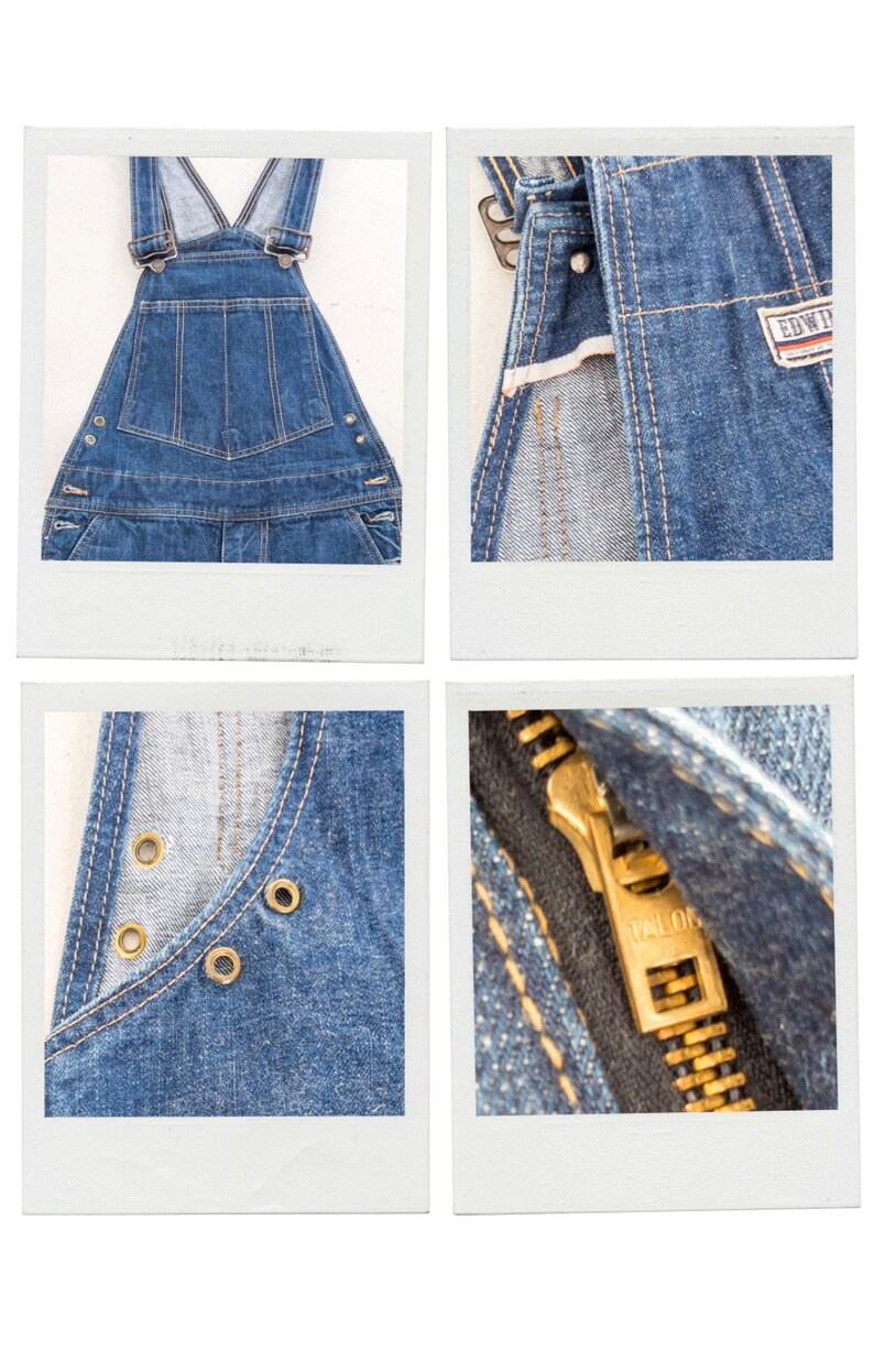 Peut inclure: Gros plan sur une salopette en jean bleu avec des rivets en laiton et une fermeture &eacute;clair Talon. La salopette a un style de travail classique.