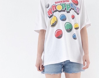 T-shirt taille L, motif bonbons Rainbow Whoppers, couture simple, style vintage années 90.