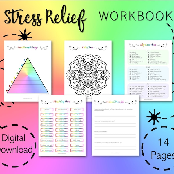 Stress Relief Workbook, Stress Relief Printable, Stress Reduction, Anxiety Printable, Mandala Coloring Pages, Journal Prompts