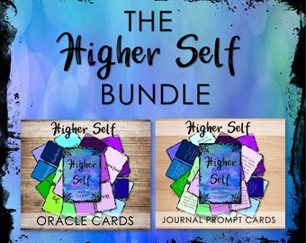 Puede incluir: Dos juegos de cartas con un fondo de acuarela azul y morado. Las cartas se titulan "Higher Self Oracle Cards" y "Higher Self Journal Prompt Cards".