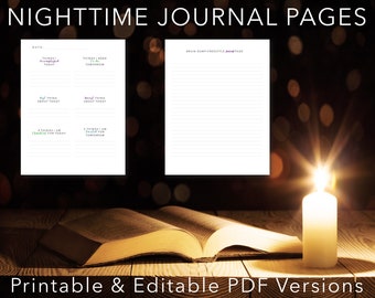 Bedtime Journal Pages Printable, Journal Prompts, Night Routine, Printable And Digital / Editable Versions