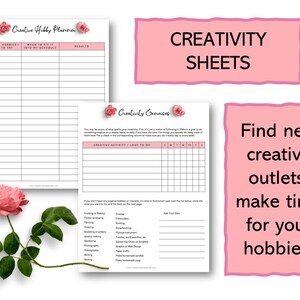 May include: Two printable worksheets with pink floral accents, titled "Creative Hobby Planner" and "Creativity Exercises". The worksheets are designed to help you find new creative outlets and make time for your hobbies.