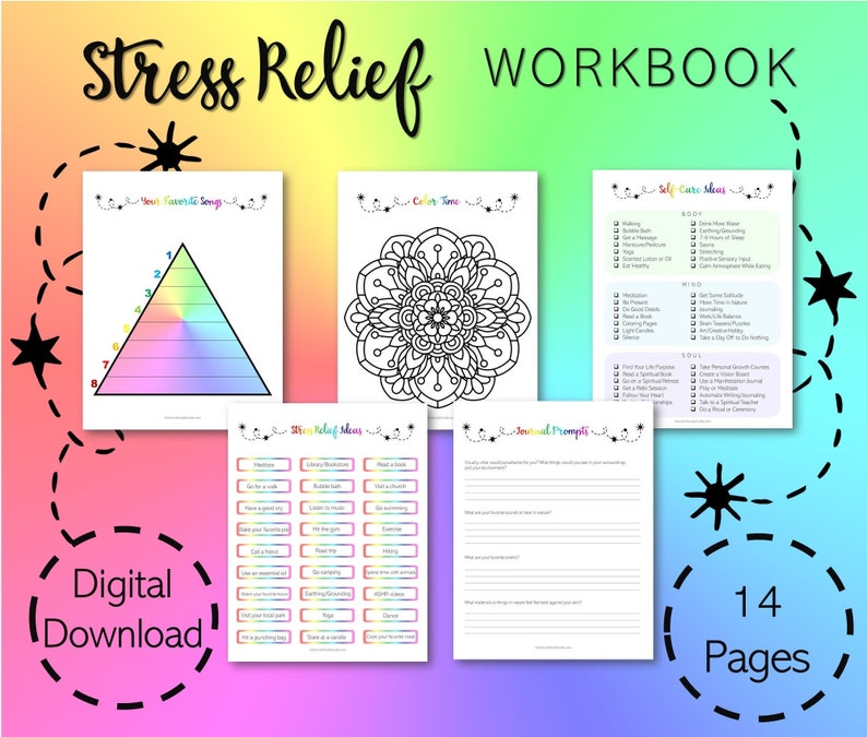 May include: A digital download workbook with 14 pages of stress relief activities. The workbook includes a self-care checklist, journal prompts, colouring pages, and a pyramid chart for ranking favourite songs.