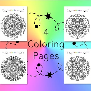 May include: Four black and white mandala colouring pages with the text "Color Time" and "4 Coloring Pages" on a rainbow background.