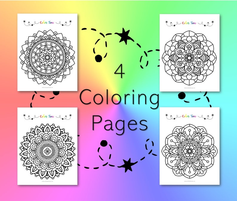 May include: Four black and white mandala colouring pages with the text "Color Time" and "4 Coloring Pages" on a rainbow background.