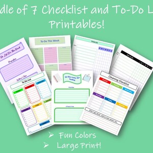 May include: A bundle of seven printable to-do lists and checklists. The lists are colorful and have different layouts. The text on the lists includes "To Do List for the Week", "To-Do This Week", "To-Do Lists for Today", and "Cleaning Checklist".