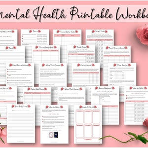 May include: A printable mental health workbook with pink roses on a pink background. The workbook includes pages for tracking moods, thoughts, and goals. It also includes pages for journaling, self-care, and relaxation.