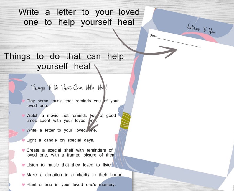 Puede incluir: Una plantilla de carta imprimible con un dise&ntilde;o floral azul y rosa. La plantilla incluye el texto "Carta para ti" y "Querido/a" con una l&iacute;nea en blanco para escribir una carta a un ser querido. La plantilla tambi&eacute;n incluye una lista de cosas que puedes hacer para ayudarte a sanar despu&eacute;s de la p&eacute;rdida de un ser querido.