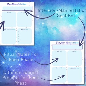 May include: A printable planner with a celestial theme. The planner includes sections for new moon intentions, full moon manifestations, and ritual notes for each phase of the moon. The planner is designed to help you set intentions, manifest your goals, and track your progress.