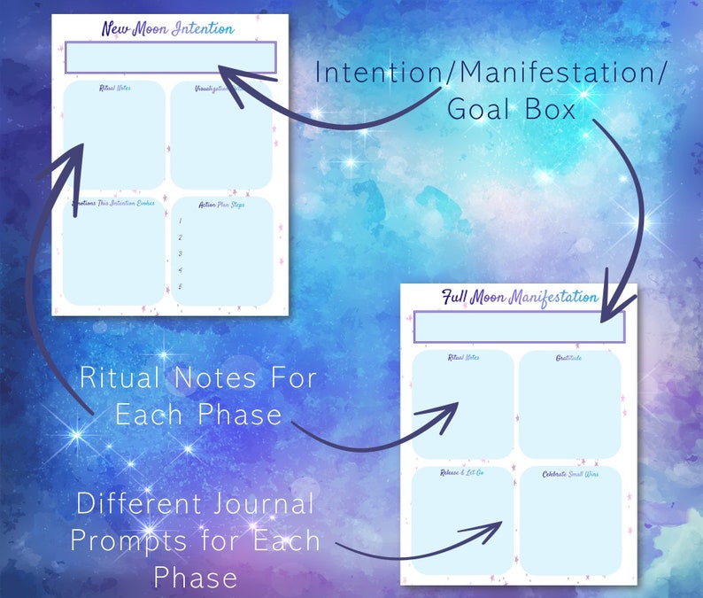 May include: A printable planner with a celestial theme. The planner includes sections for new moon intentions, full moon manifestations, and ritual notes for each phase of the moon. The planner is designed to help you set intentions, manifest your goals, and track your progress.