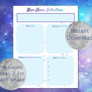 May include: Printable New Moon Intention journal with a blue and purple watercolor background. The journal has sections for ritual notes, visualization details, emotions, and action plan steps. The text "Instant Download" is written in white on a gray moon.