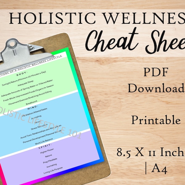 Holistic Wellness Cheat Sheet, Body Mind Spirit, Health and Wellness, Wellness Printable, Healthy Habits, HealthyLifestyle, Reference Guide