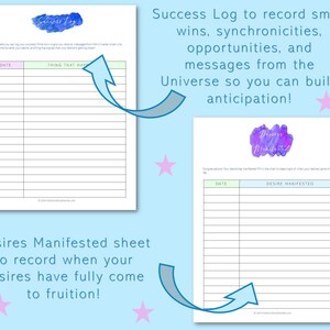 May include: Two printable worksheets with a light blue background and pink stars. The first worksheet is titled "Success Log" and has a light green header with the words "Date" and "Thing That Happened". The second worksheet is titled "Desires Manifested" and has a light blue header with the words "Date" and "Desire Manifested".