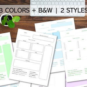 Peut inclure: Trois pages de planificateur quotidien imprimables dans diff&eacute;rentes couleurs&nbsp;: vert, bleu et violet. Chaque page comprend une section pour les affirmations, une liste de t&acirc;ches &agrave; faire et une section pour suivre l&rsquo;humeur, le sommeil, la lumi&egrave;re du soleil, l&rsquo;apport en eau, le yoga, la m&eacute;ditation et l&rsquo;exercice. Le texte &laquo;&nbsp;3 COLORS + B&W | 2 STYLES&nbsp;&raquo; est en haut de l&rsquo;image.