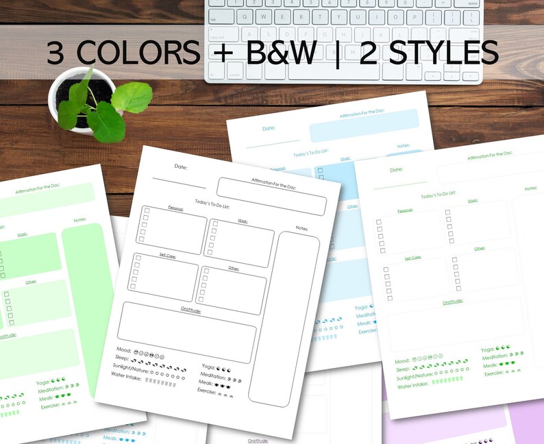 Peut inclure: Trois pages de planificateur quotidien imprimables dans diff&eacute;rentes couleurs&nbsp;: vert, bleu et violet. Chaque page comprend une section pour les affirmations, une liste de t&acirc;ches &agrave; faire et une section pour suivre l&rsquo;humeur, le sommeil, la lumi&egrave;re du soleil, l&rsquo;apport en eau, le yoga, la m&eacute;ditation et l&rsquo;exercice. Le texte &laquo;&nbsp;3 COLORS + B&W | 2 STYLES&nbsp;&raquo; est en haut de l&rsquo;image.