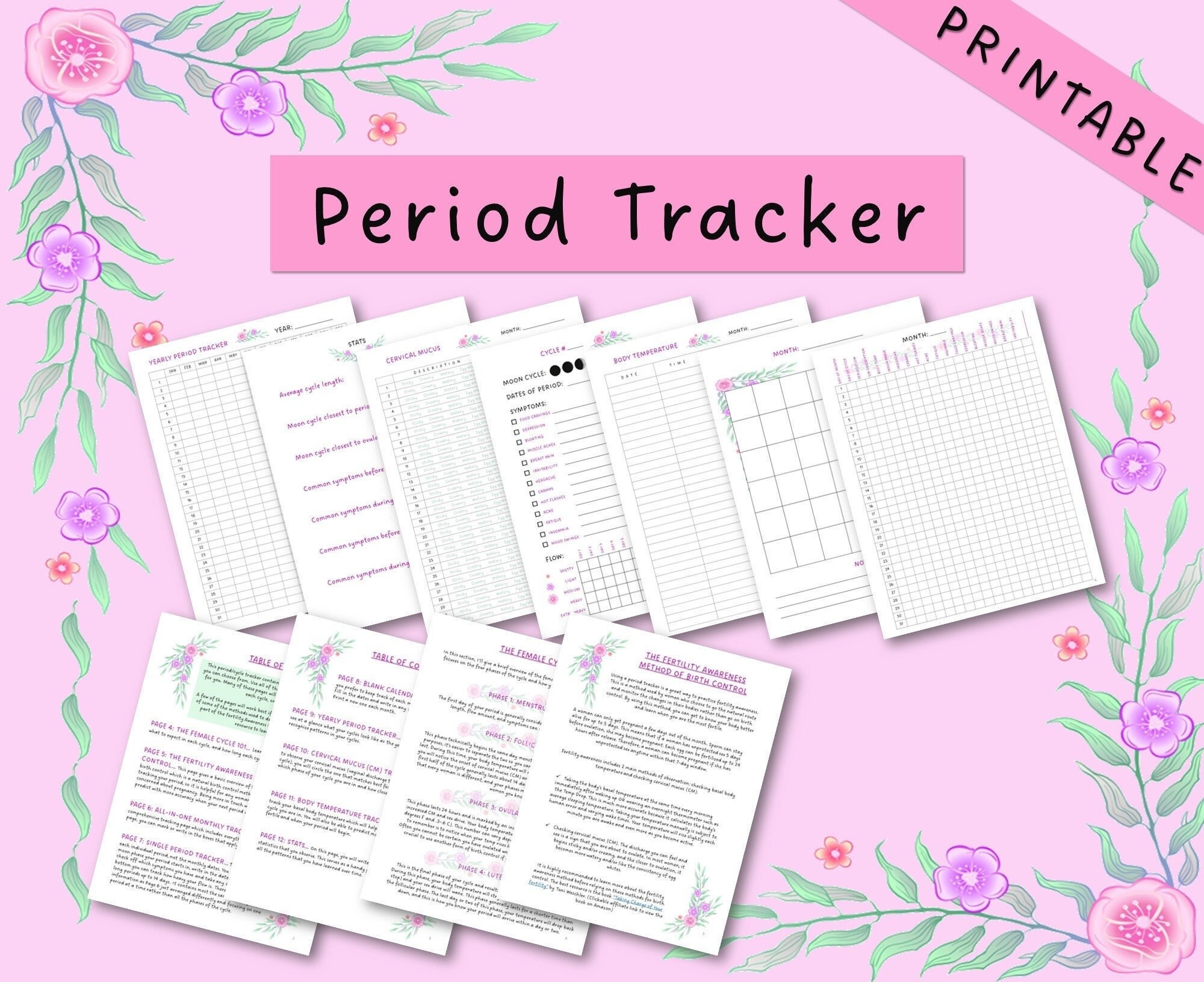 Printable Period Tracker, Fertility Awareness Journal, Ovulation Tracker, Monthly Cycle Tracker ...