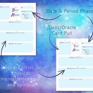 May include: Printable journal pages for tracking your cycle and moon phases. The pages feature a light blue background with pink stars and the text "New Moon" and "Full Moon".