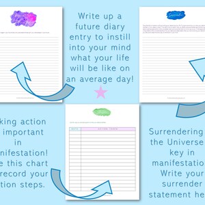 May include: A printable worksheet with instructions to write a future diary entry to instill what your life will be like on an average day. The worksheet also includes a chart to record action steps taken and a space to write a surrender statement.