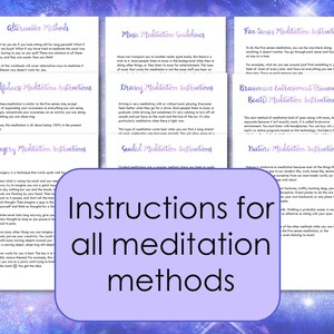 Op de afbeelding: Een paarse en witte afbeelding met de tekst "Instructies voor alle meditatiemethoden" in een groot, vet lettertype. De afbeelding is omgeven door een paarse en witte galactische achtergrond.
