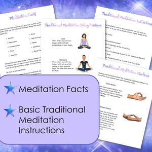 Op de afbeelding: Een paarse en witte illustratie met een ster en de tekst "Meditation Facts" en "Basic Traditional Meditation Instructions". De illustratie is omringd door tekst over traditionele meditatieposities en mudras.