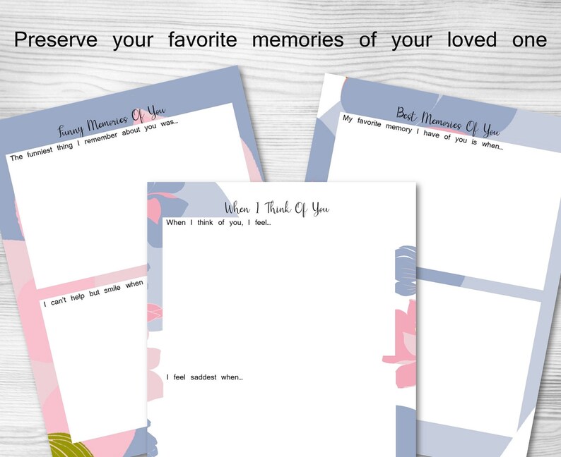 Puede incluir: Un conjunto de tres p&aacute;ginas de memoria imprimibles con un dise&ntilde;o floral azul y rosa. Las p&aacute;ginas incluyen indicaciones para escribir sobre recuerdos divertidos, los mejores recuerdos y sentimientos cuando se piensa en alguien.