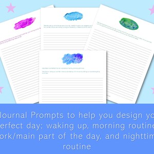 May include: Four printable journal prompts with watercolor backgrounds. Each page has the text "Perfect Day" and lines for writing. The prompts are: "Describe your first magic hour, or what is near the start of your morning routine...", "Describe what you do for the main part of your life, whether it is a side hustle or anything you feel you are committed to", "Describe your perfect day by answering the following questions: Describe waking up (could you hear birds chirping, are you sleeping with a cat, and any feelings you have before getting out of bed)", and "Describe everything you do in the evening, including what time you go to bed, what you do to get ready for bed, and anything else you do before you fall asleep."