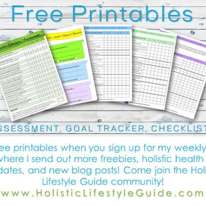 May include: Free printable checklists, goal trackers, and assessments for holistic health. Sign up for the weekly email list to get more freebies, tips, and blog posts. Visit Holistic Lifestyle Guide.