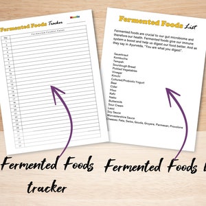 May include: A printable tracker and list of fermented foods. The tracker is a table with 30 rows and 2 columns. The list includes sauerkraut, kombucha, tempeh, sourdough bread, pickled vegetables, vinegar, kimchi, cultured/probiotic yogurt, beer, cider, miso, kefir, natto, buttermilk, sour cream, lassi, soy sauce, Worcestershire sauce, and cheeses: feta, swiss, gouda, gruyere, parmesan, and provolone.