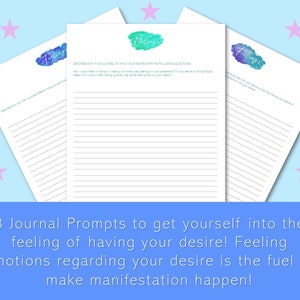 May include: Three printable journal prompts with the word "Feelings" in a watercolor design. The prompts encourage you to write about your desires and how you would feel if you had them.