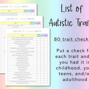 May include: A checklist of 80 autistic traits, with columns for childhood, teens, and adulthood. The checklist is titled "List of Autistic Traits" and "80 trait checklist". The text below the checklist says "Put a check for each trait and if you had it in childhood, your teens, and/or adulthood."