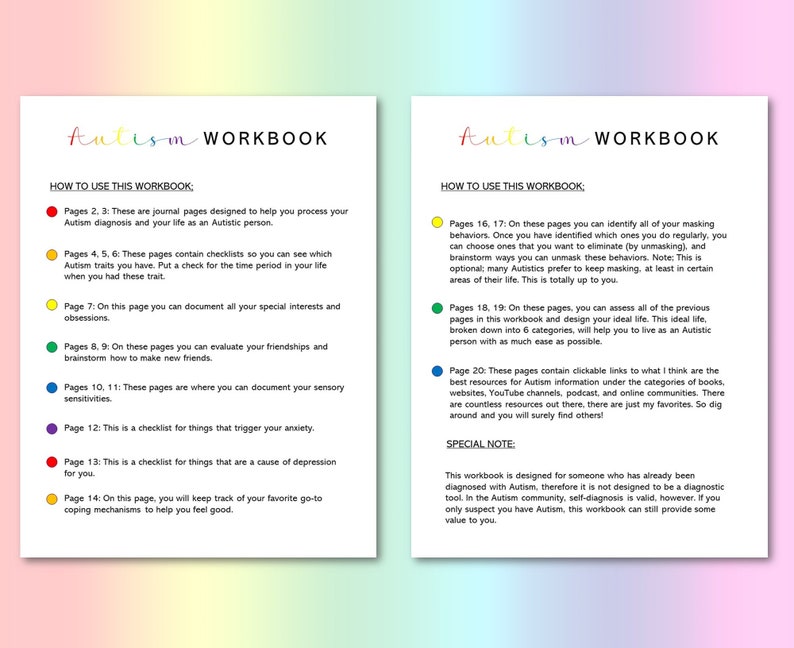 May include: A workbook designed to help people process their Autism diagnosis and life. The workbook includes checklists, journal pages, and resources for managing sensory sensitivities, anxiety, and depression. It also includes tips for building friendships and identifying masking behaviors.