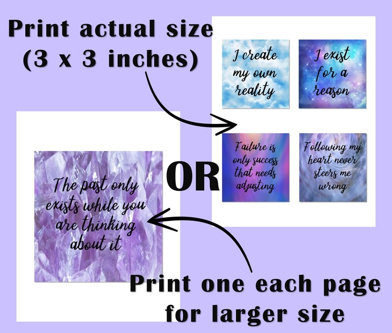 May include: Four printable 3x3 inch inspirational quote cards with a galaxy background. The quotes are: "The past only exists while you are thinking about it", "I create my own reality", "I exist for a reason", and "Failure is only success that needs adjusting".