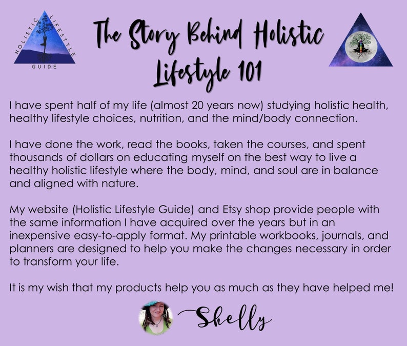 May include: A purple background with text that reads "The Story Behind Holistic Lifestyle 101". The text is in a white, decorative font. The text explains that the author has spent 20 years studying holistic health, healthy lifestyle choices, nutrition, and the mind/body connection. The text also explains that the author has created a website and Etsy shop to share the information they have learned. The text ends with the author's name, "Shelly", written in a decorative font.