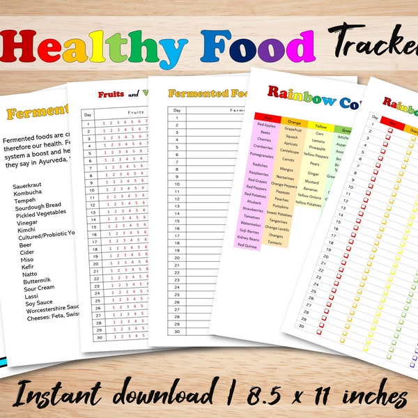 Healthy Food Tracker, Printable Food Tracker, Fruits and Veggies, Fermented Foods, Healthy Food Ideas, 30 Day Tracker, Healthy Eating